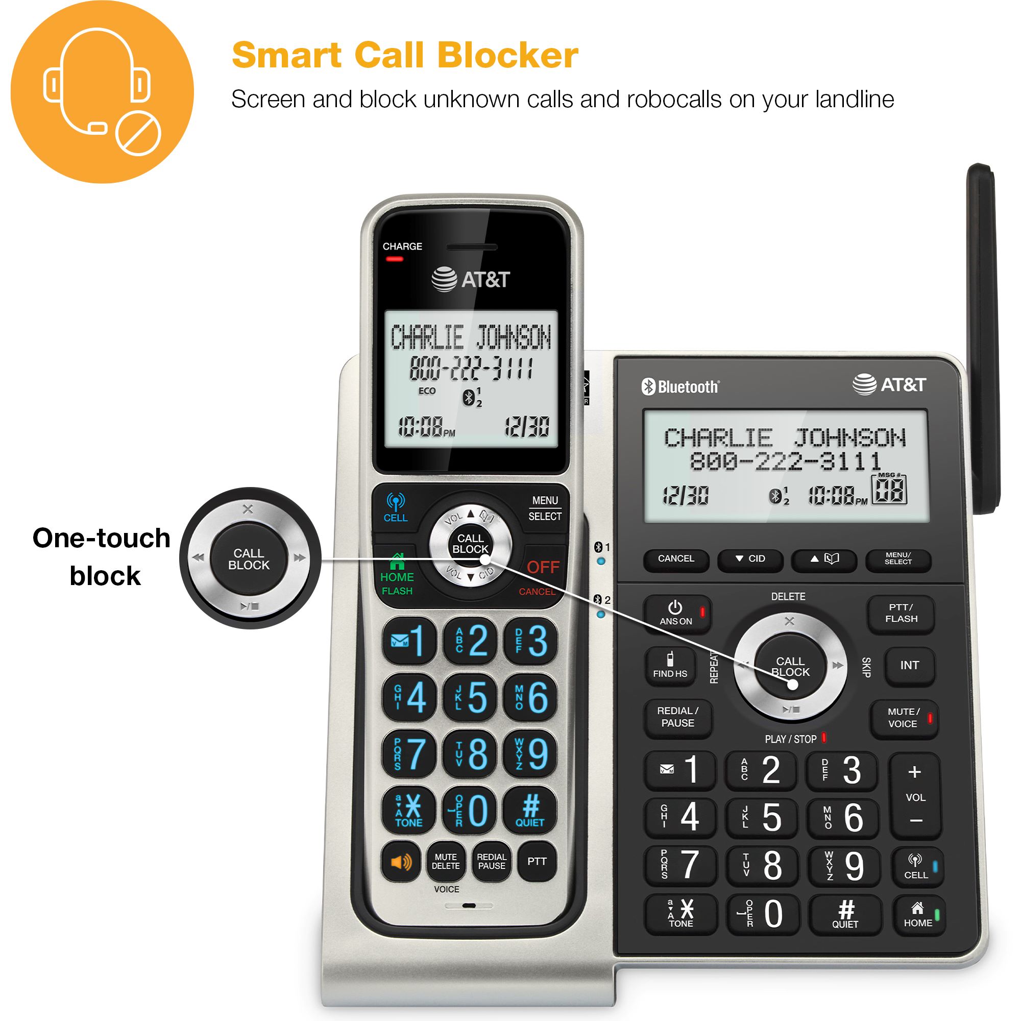 AT&T 5-handset Unsurpassed Range  Cordless Phone with Bluetooth Connect to Cell™, Smart Call Blocker and Answering System, BL3107-5  (Titanium & Black) - view 2