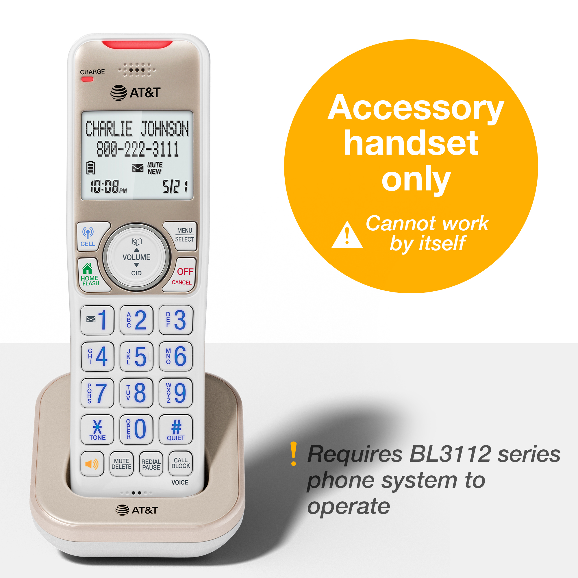 AT&T Accessory Handset with Bluetooth Connect to Cell, and Smart Call Blocker, BL3112-0 (Champagne Gold / White) - view 2