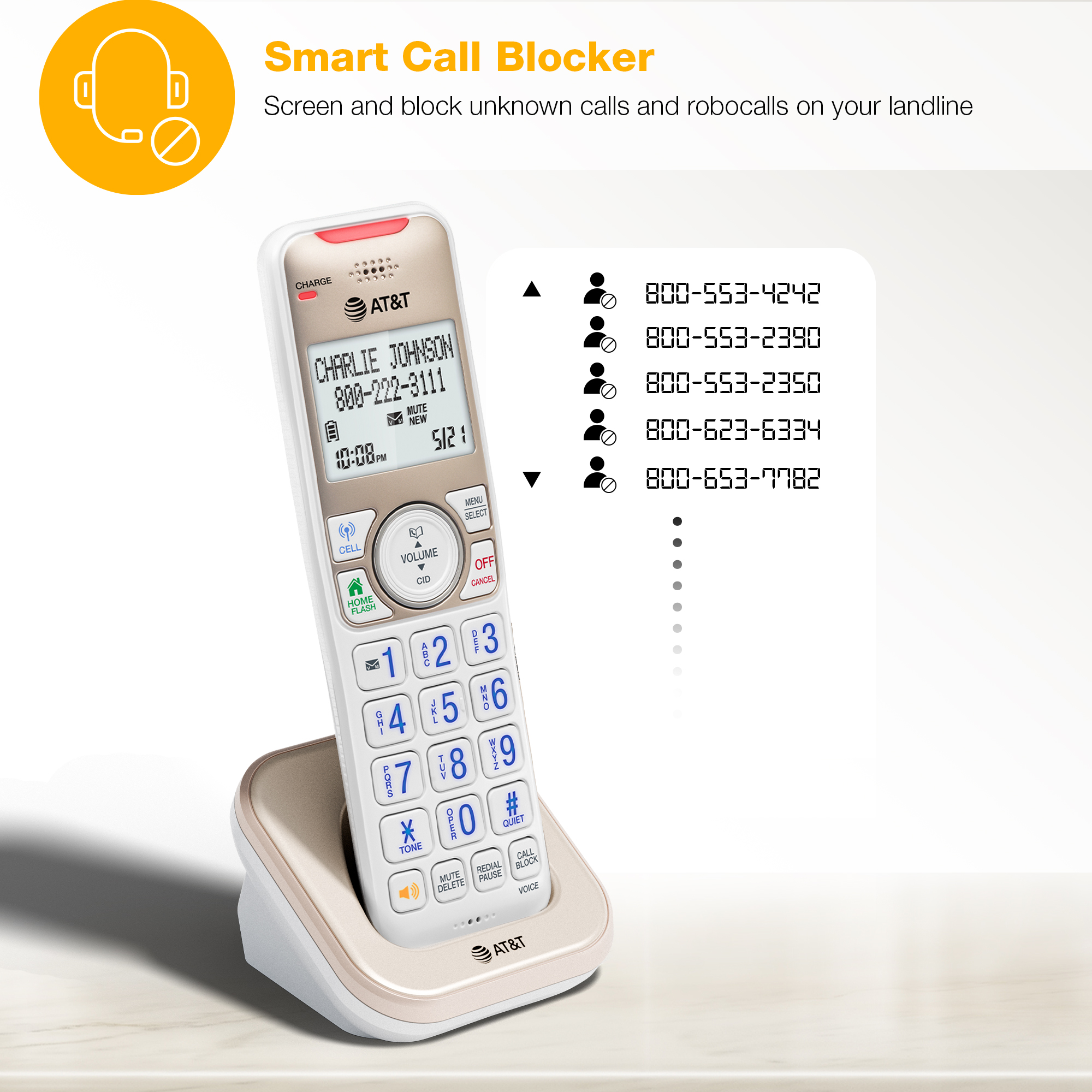 AT&T Accessory Handset with Bluetooth Connect to Cell, and Smart Call Blocker, BL3112-0 (Champagne Gold / White) - view 3