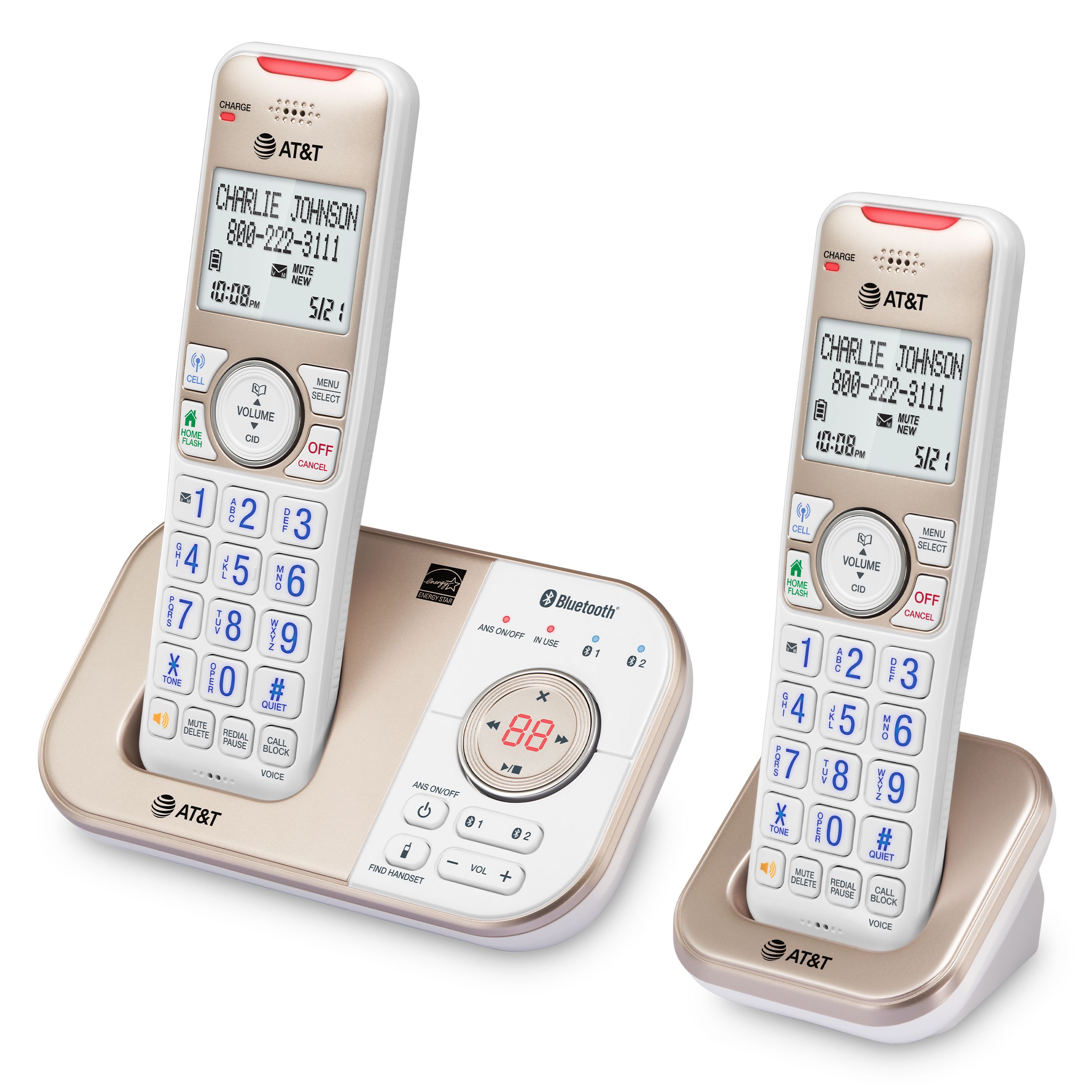 AT&T 2-Handset Expandable Cordless Answering System with Bluetooth Connect to Cell, Smart Call Blocker and Answering System, BL3112-2 (Champagne Gold / White) - view 12