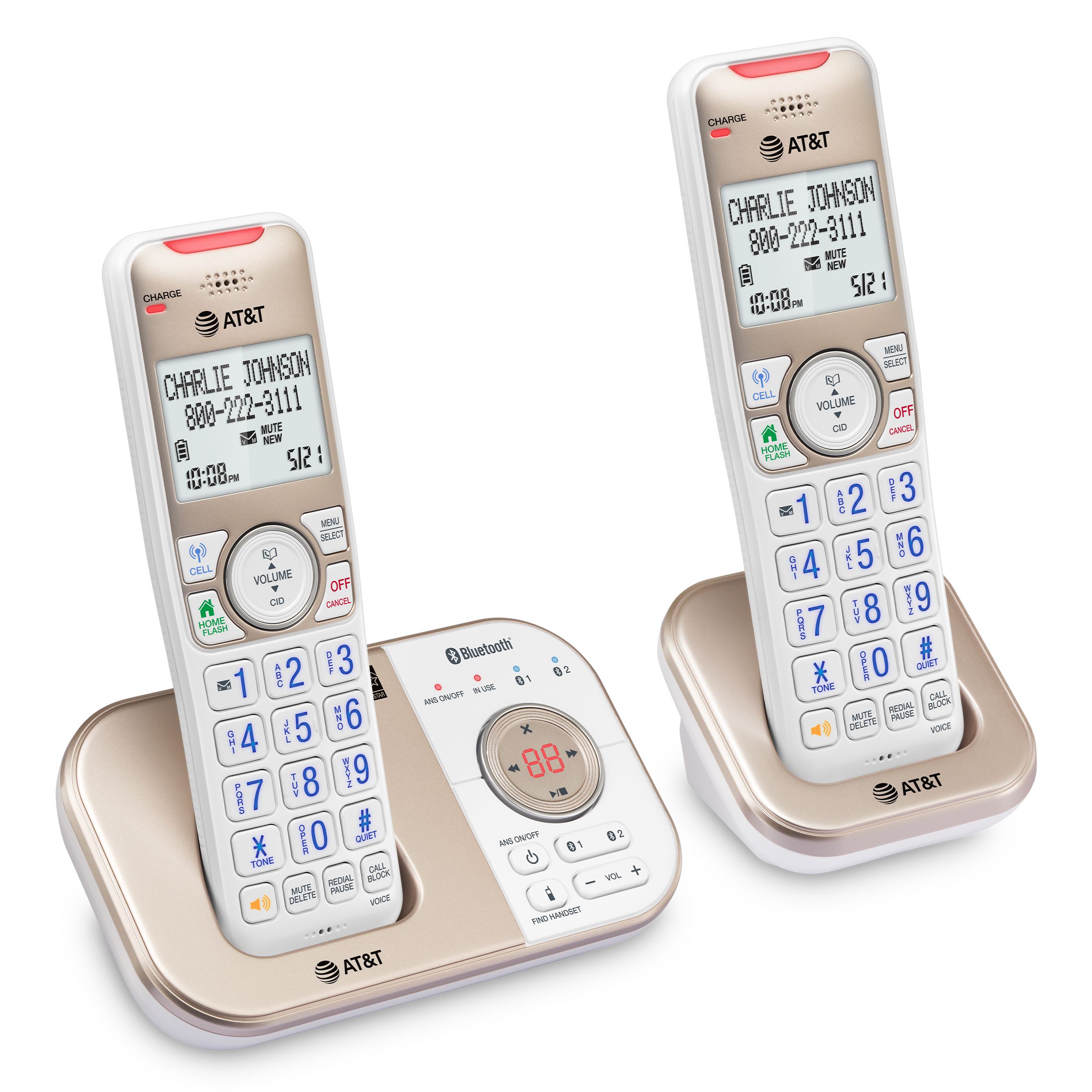 AT&T 2-Handset Expandable Cordless Answering System with Bluetooth Connect to Cell, Smart Call Blocker and Answering System, BL3112-2 (Champagne Gold / White) - view 13