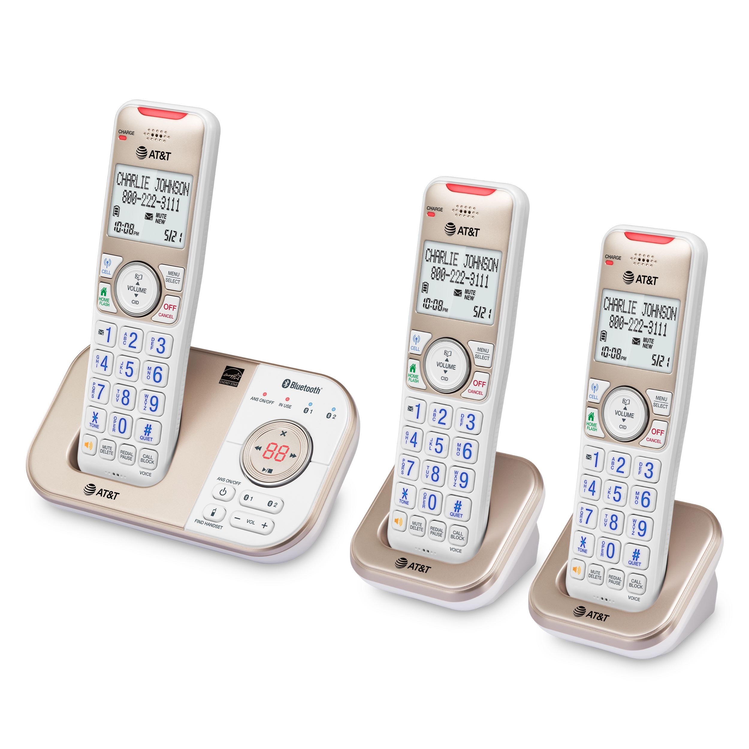 AT&T 3-Handset Expandable Cordless Answering System with Bluetooth Connect to Cell, Smart Call Blocker and Answering System, BL3112-3 (Champagne Gold / White) - view 12