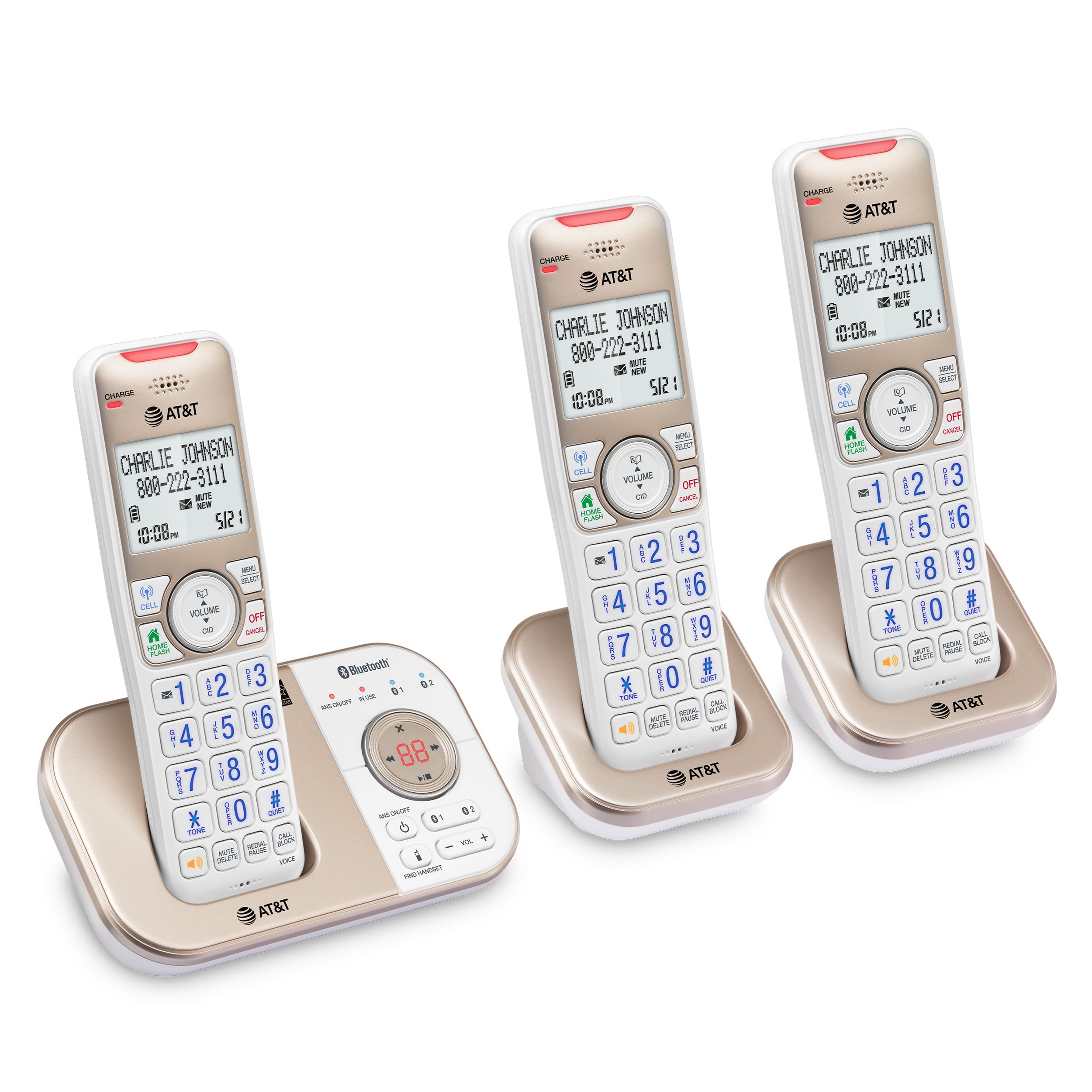 AT&T 3-Handset Expandable Cordless Answering System with Bluetooth Connect to Cell, Smart Call Blocker and Answering System, BL3112-3 (Champagne Gold / White) - view 13