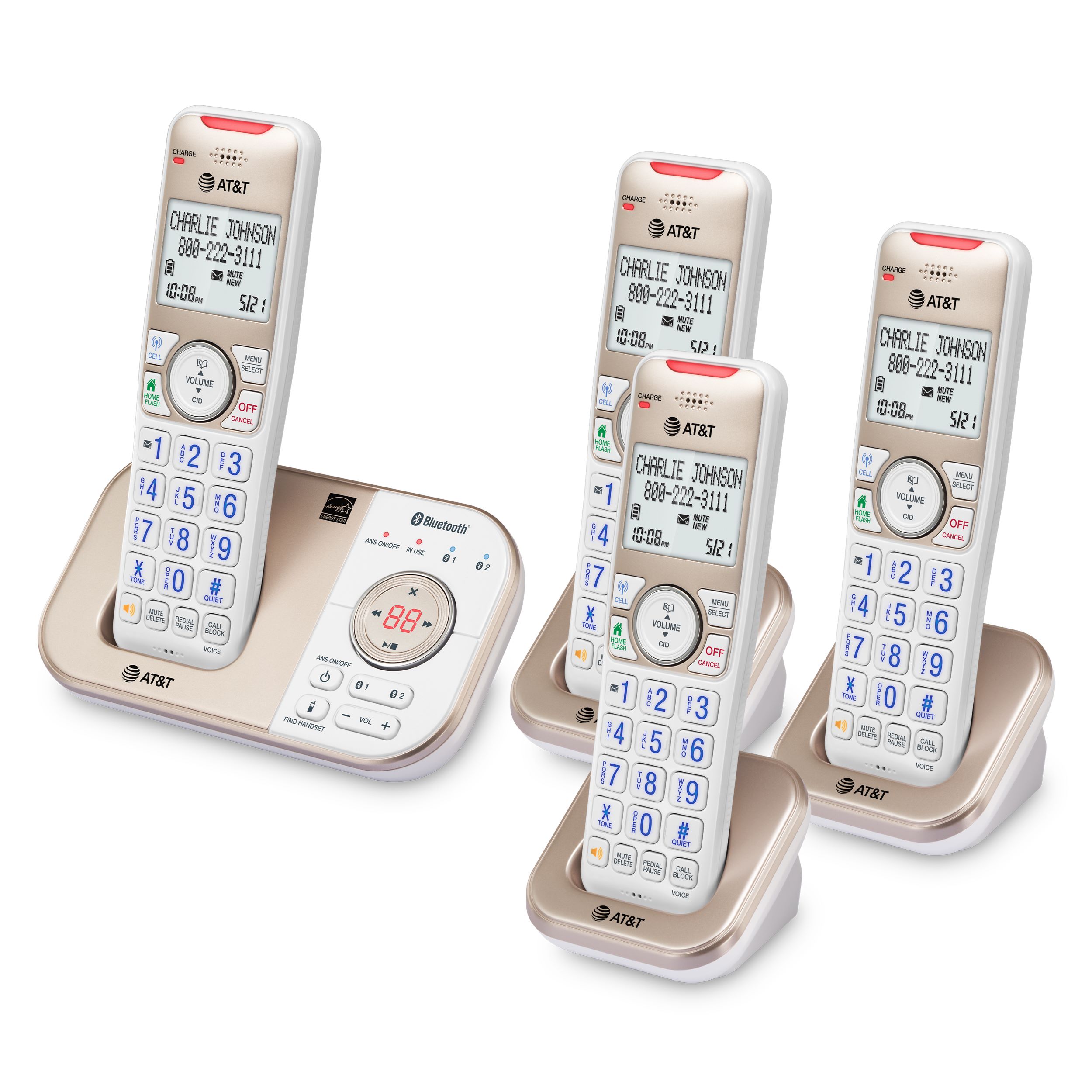 AT&T 4-Handset Expandable Cordless Answering System with Bluetooth Connect to Cell, Smart Call Blocker and Answering System, BL3112-4 (Champagne Gold / White) - view 12