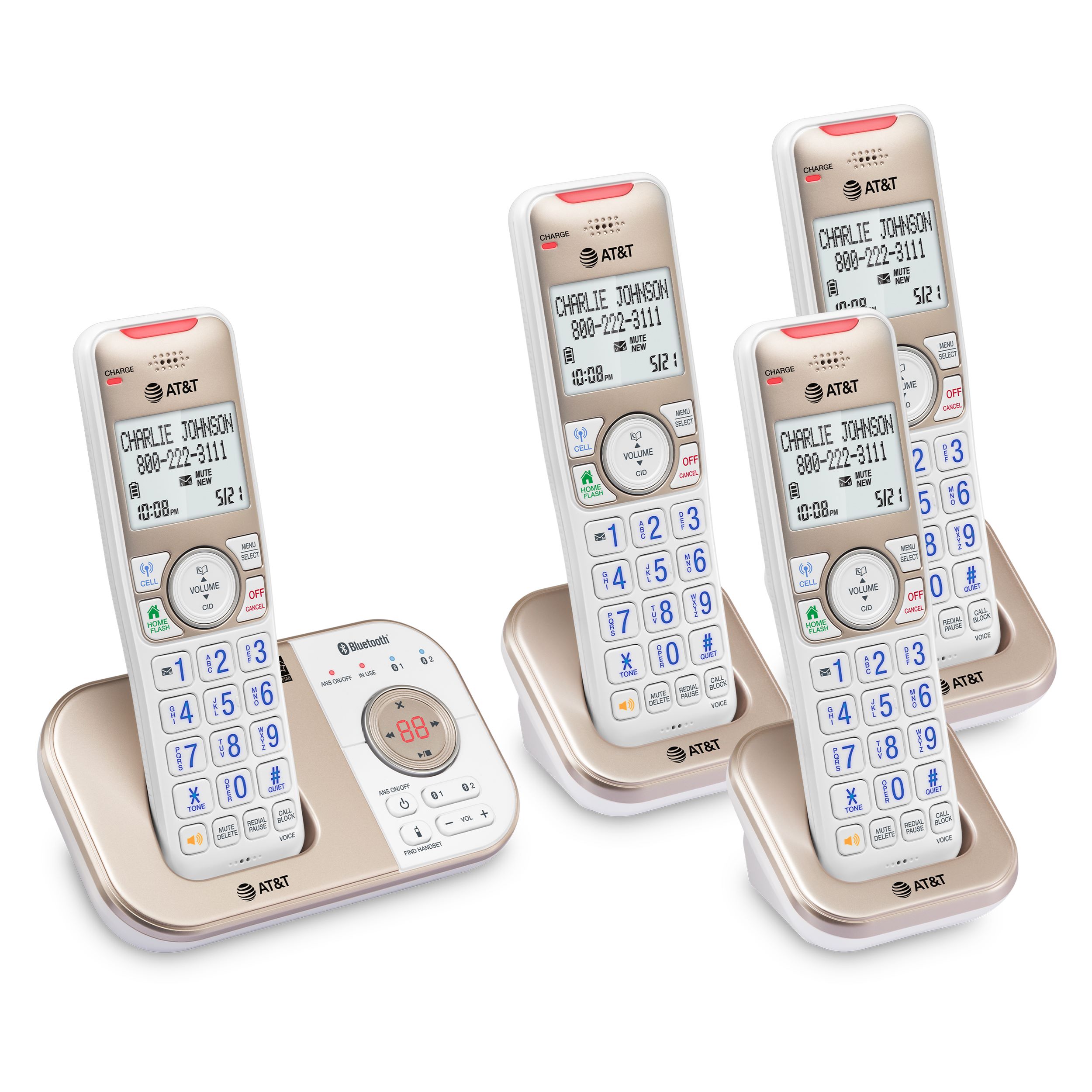 AT&T 4-Handset Expandable Cordless Answering System with Bluetooth Connect to Cell, Smart Call Blocker and Answering System, BL3112-4 (Champagne Gold / White) - view 13