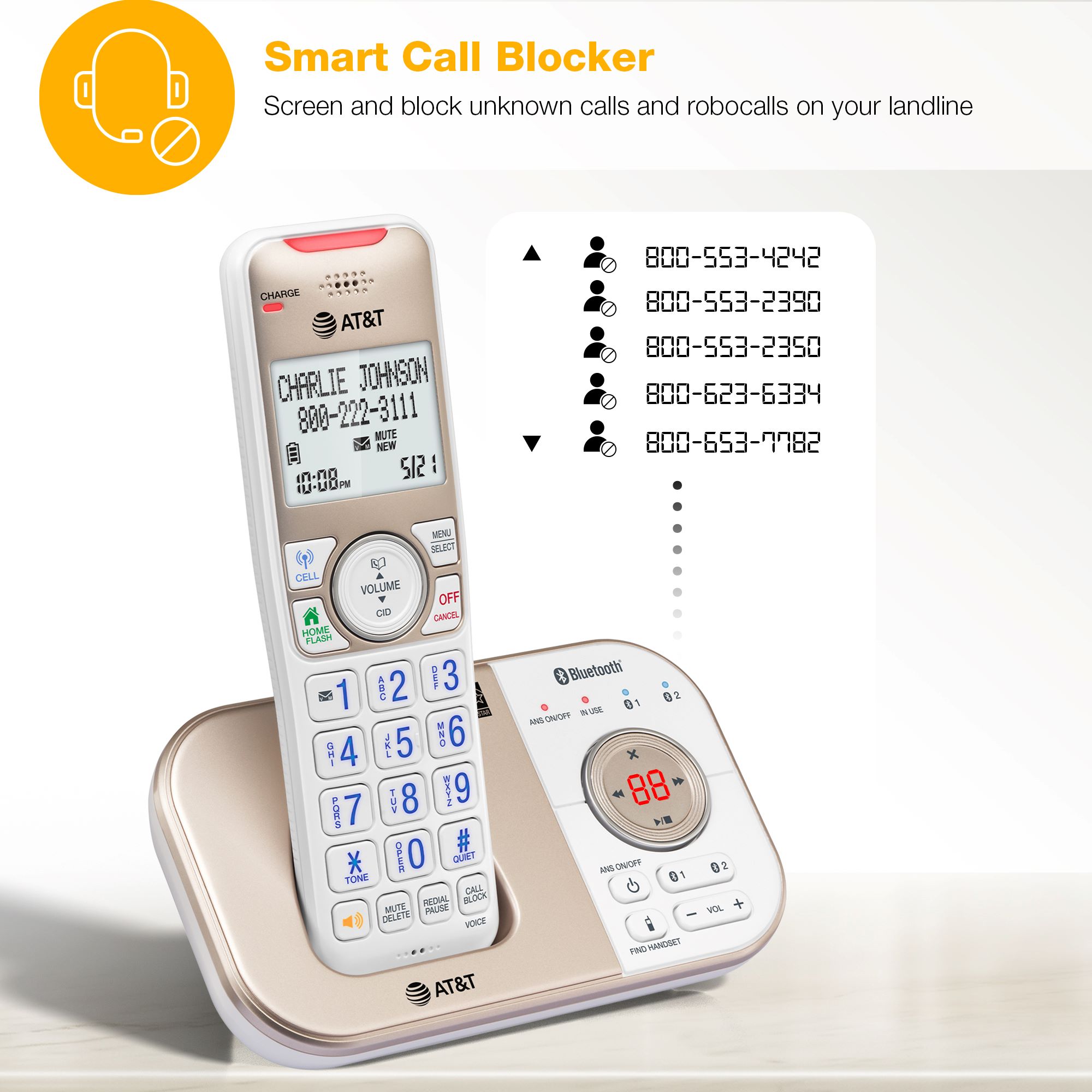 AT&T 4-Handset Expandable Cordless Answering System with Bluetooth Connect to Cell, Smart Call Blocker and Answering System, BL3112-4 (Champagne Gold / White) - view 2