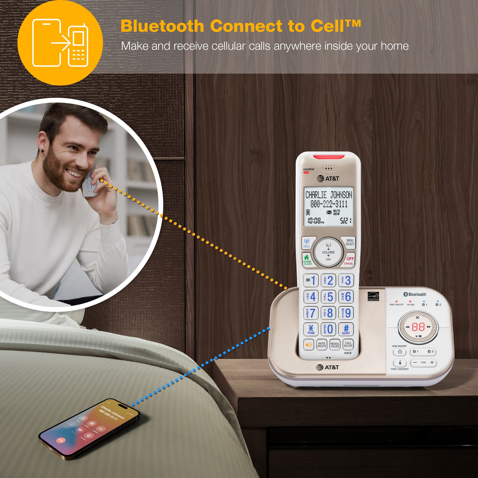 AT&T 4- Handset DECT 6.0 Bluetooth Expandable Cordless Phone for Home with Answering Machine, Smart Call Blocking, Caller ID, Intercom and Bluetooth Connect to Cell - view 4