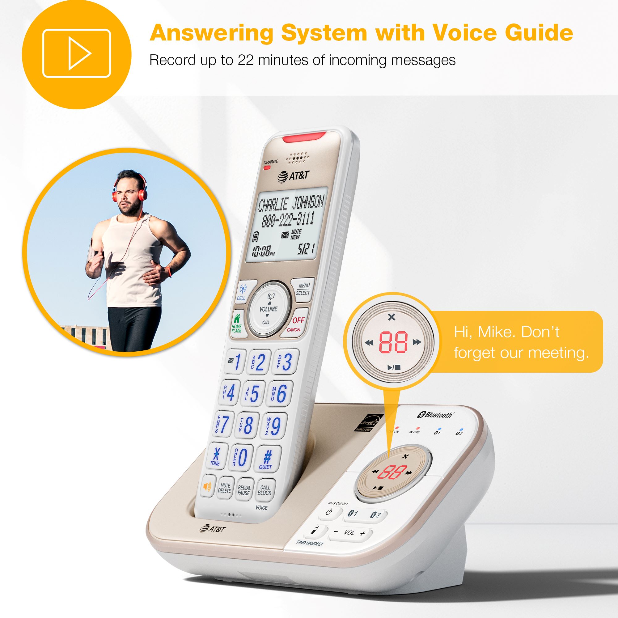 AT&T 4-Handset Expandable Cordless Answering System with Bluetooth Connect to Cell, Smart Call Blocker and Answering System, BL3112-4 (Champagne Gold / White) - view 5