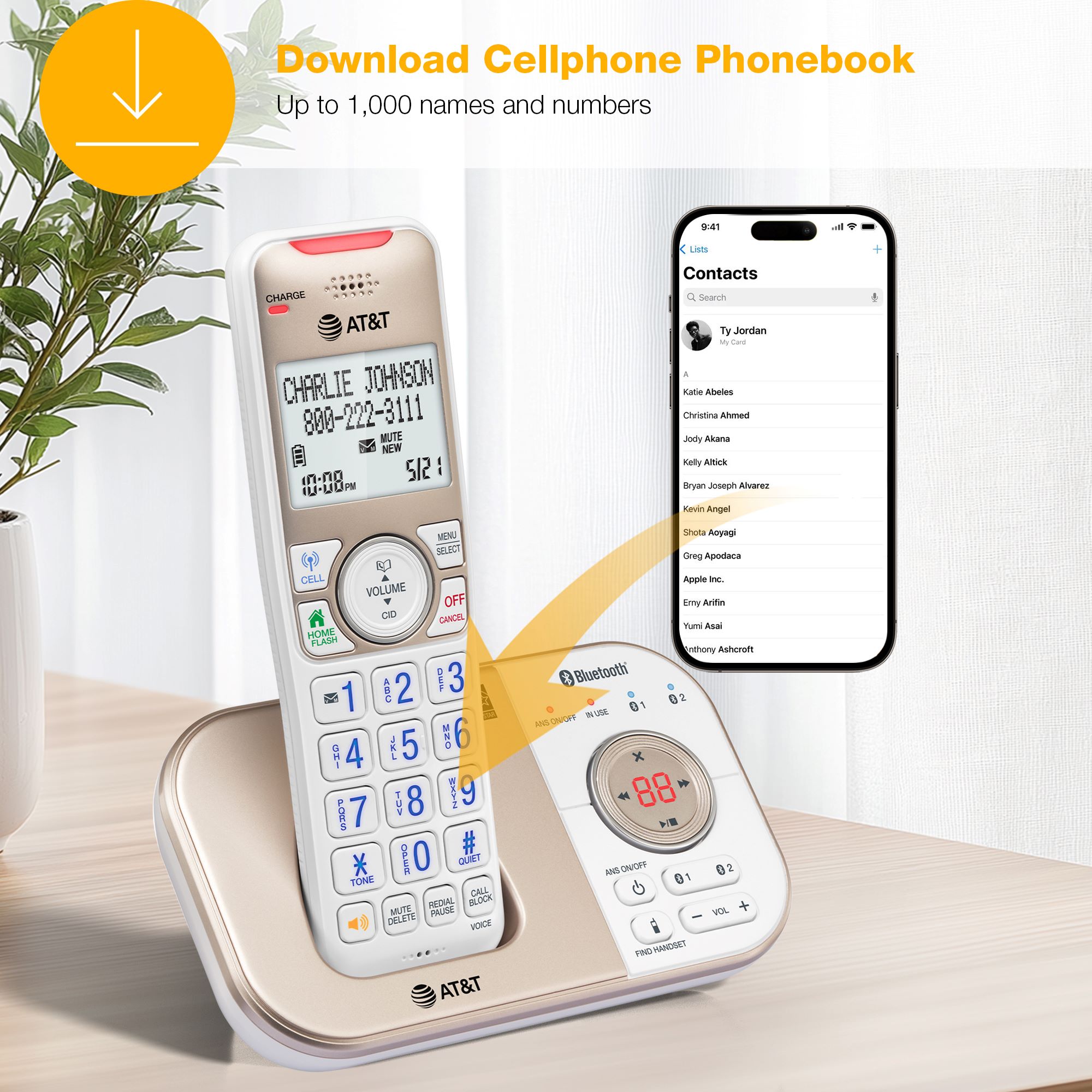 AT&T 4-Handset Expandable Cordless Answering System with Bluetooth Connect to Cell, Smart Call Blocker and Answering System, BL3112-4 (Champagne Gold / White) - view 8