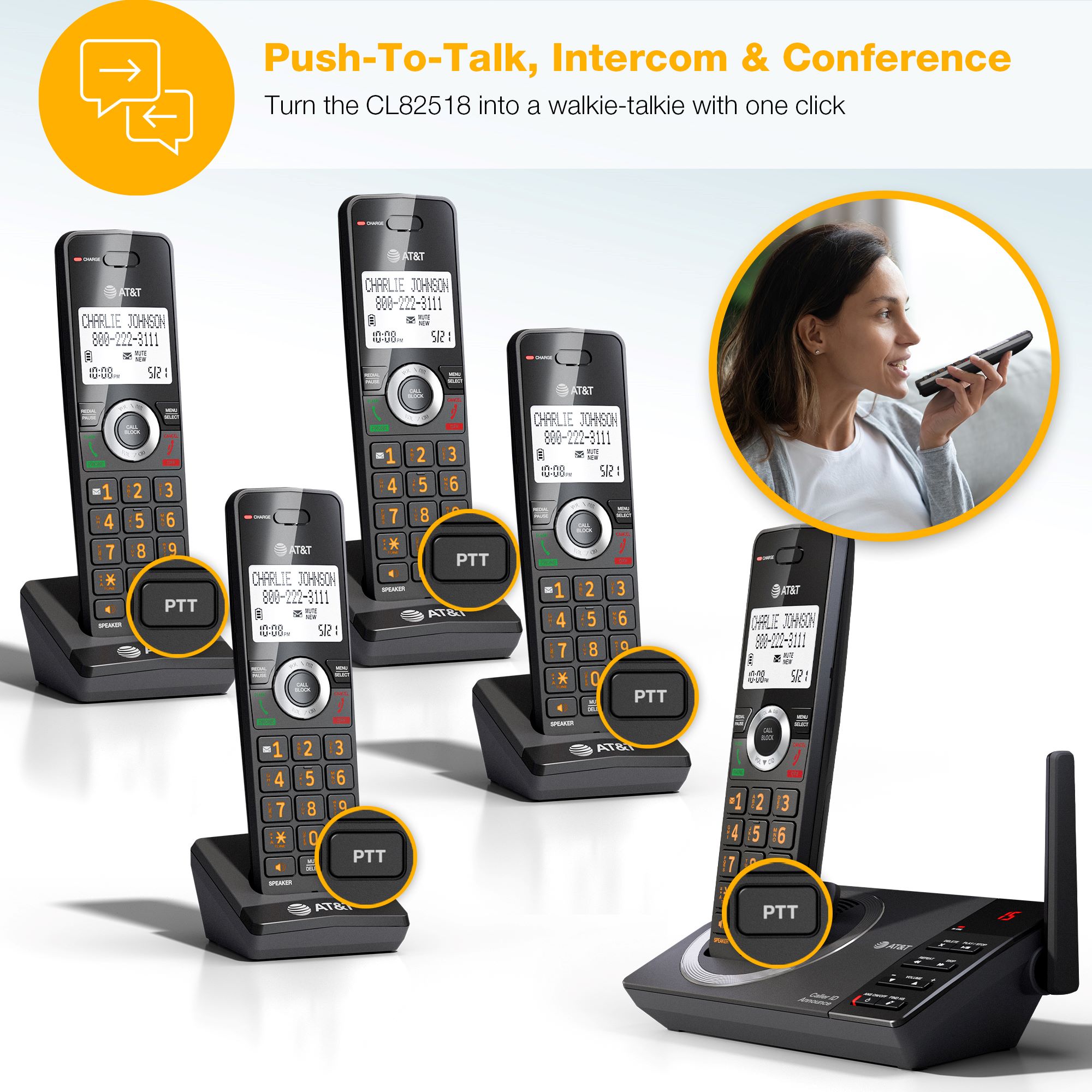 AT&T 5-Handset Expandable DECT 6.0 Cordless Home Phone with Large Display, Big Buttons, Answering Machine, Smart Call Blocker, Long Range, Caller ID, Speakerphone, Intercom - view 9