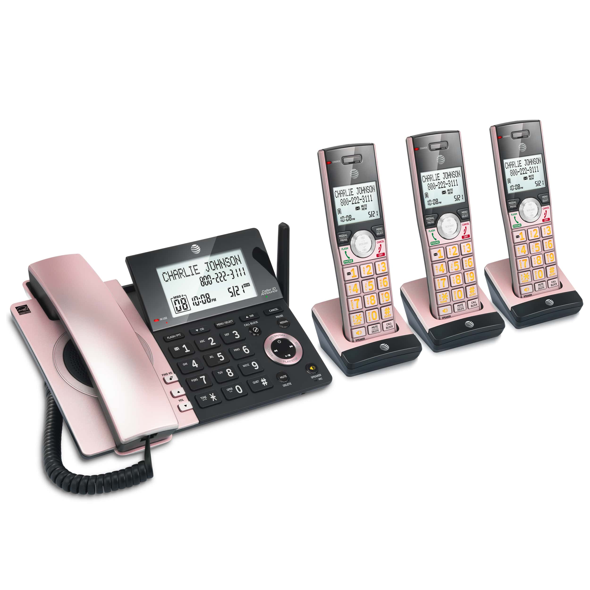 3 handset corded/cordless phone system with smart call blocker (Rose Gold/Black) - view 2