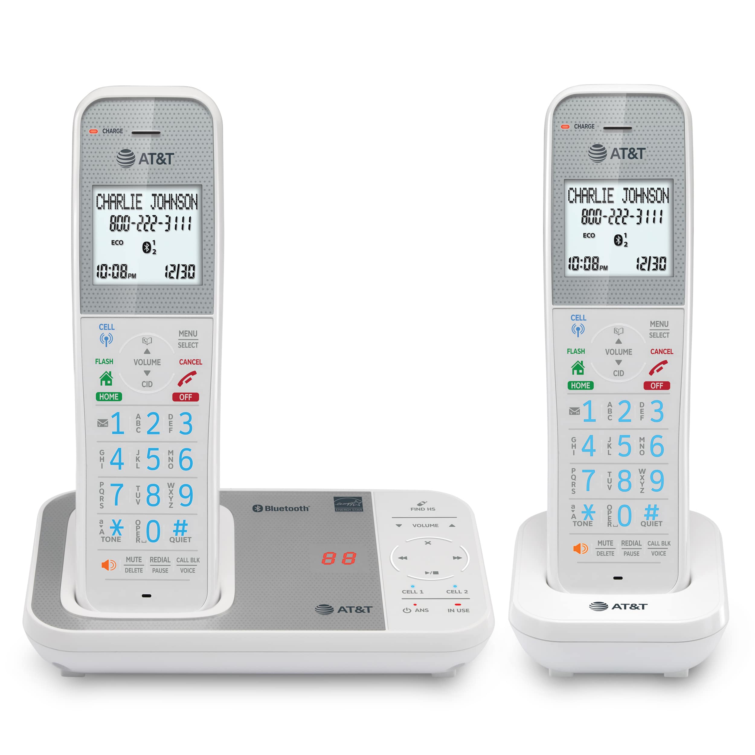 2-Handset Expandable Antibacterial Plastic Cordless Phone with Bluetooth Connect to Cell, Smart Call Blocker and Answering System (White) - view 1