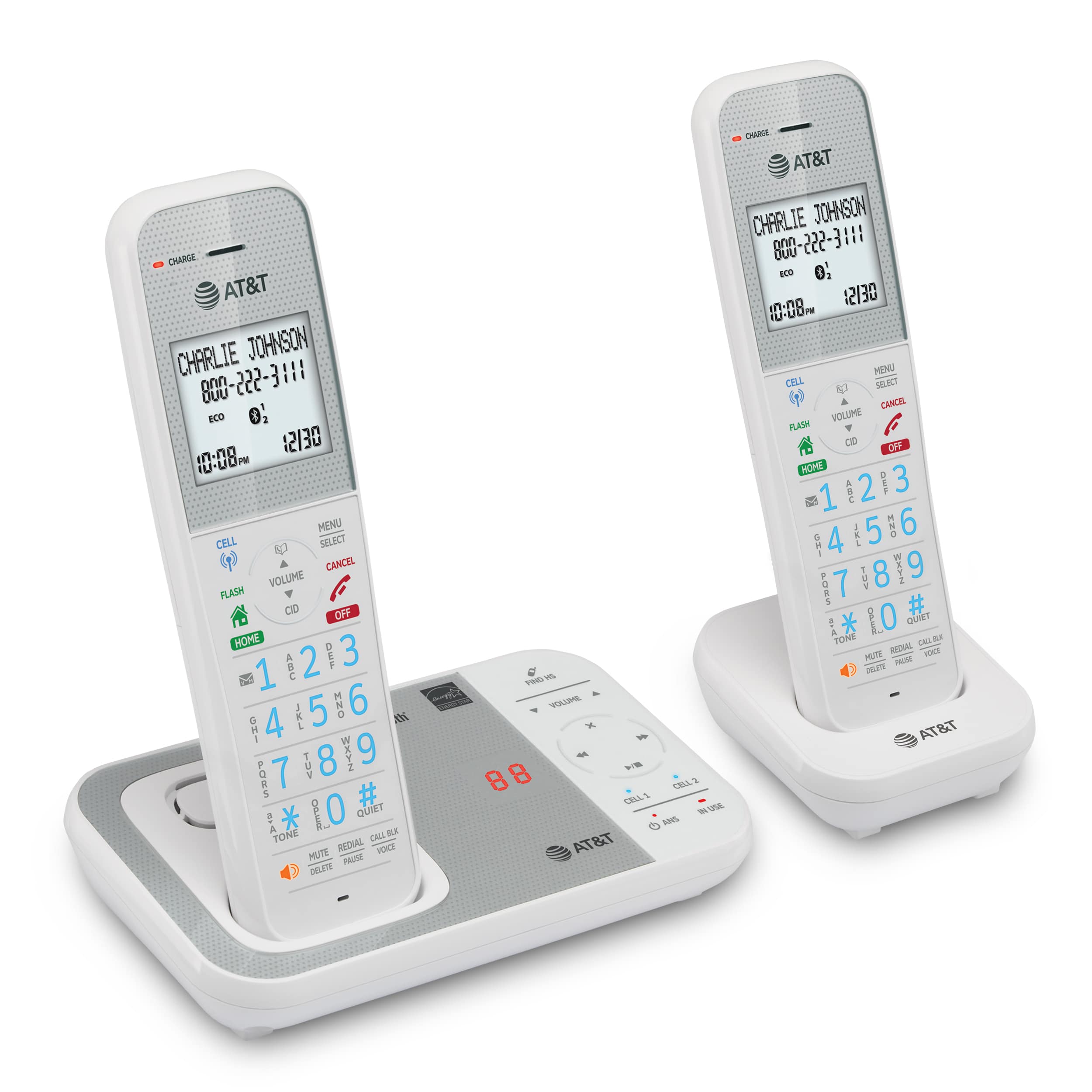 2-Handset Expandable Antibacterial Plastic Cordless Phone with Bluetooth Connect to Cell, Smart Call Blocker and Answering System (White) - view 2