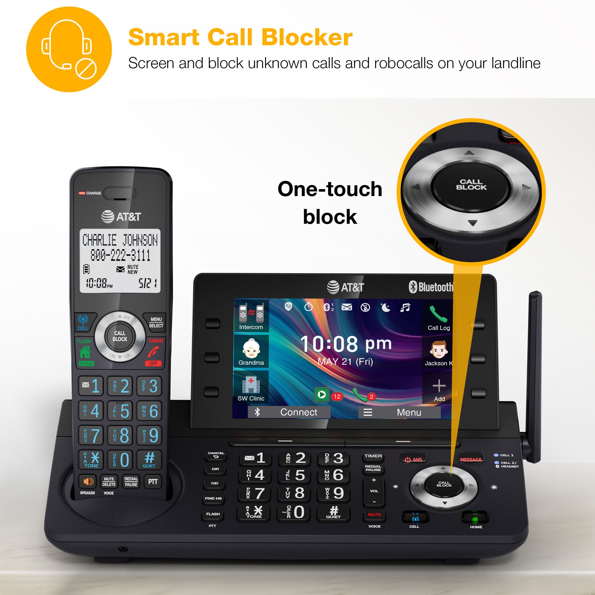 AT&T 5-Handset Expandable Cordless Phone with Unsurpassed Range, Bluetooth Connect to Cell, Smart Call Blocker,  Answering System, and 5