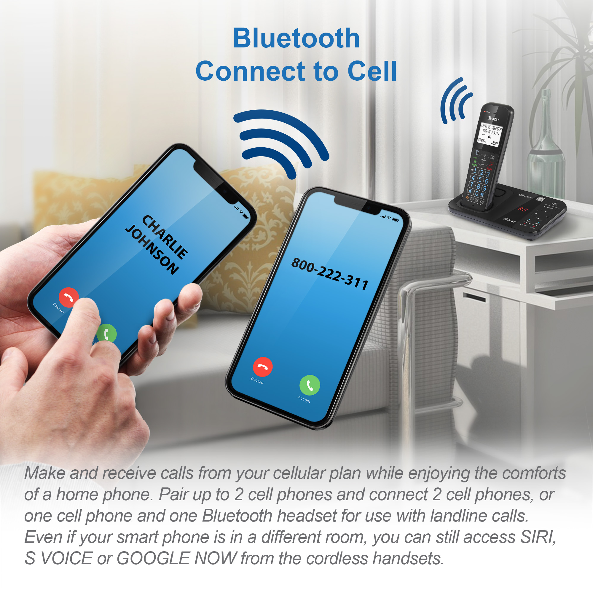 2-Handset Expandable Antibacterial Plastic Cordless Phone with Bluetooth Connect to Cell, Smart Call Blocker and Answering System - view 4