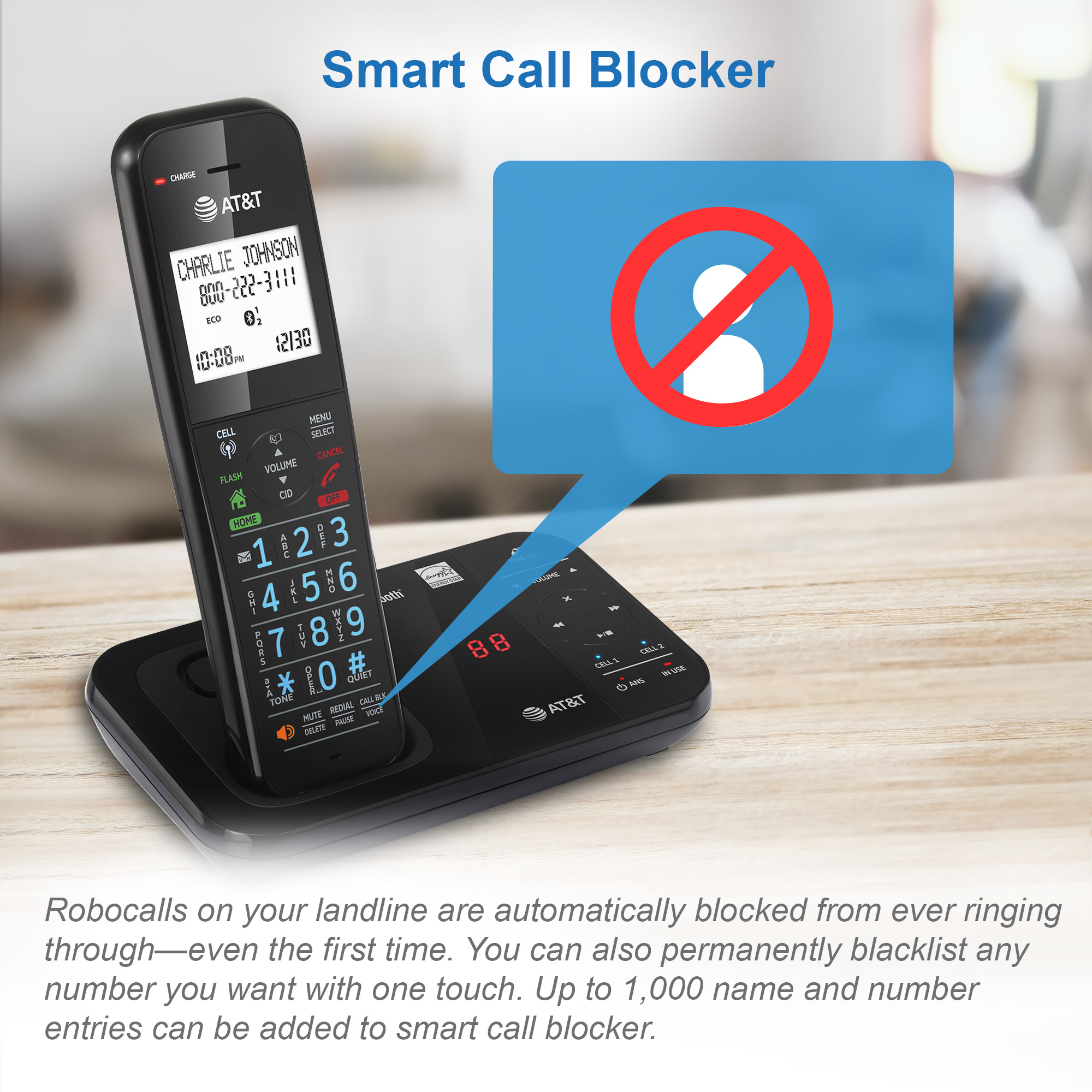 2-Handset Expandable Antibacterial Plastic Cordless Phone with Bluetooth Connect to Cell, Smart Call Blocker and Answering System - view 5