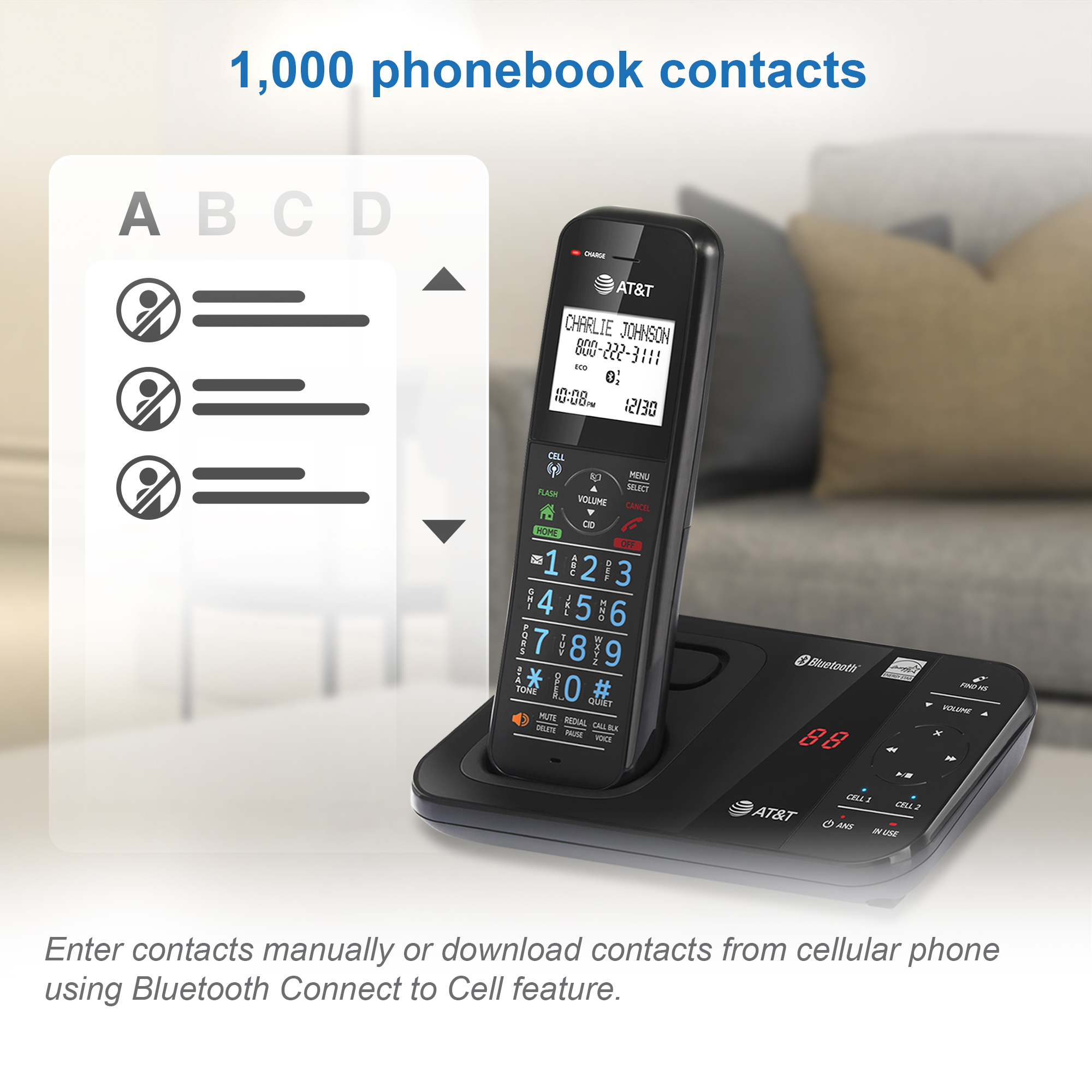 2-Handset Expandable Antibacterial Plastic Cordless Phone with Bluetooth Connect to Cell, Smart Call Blocker and Answering System - view 13