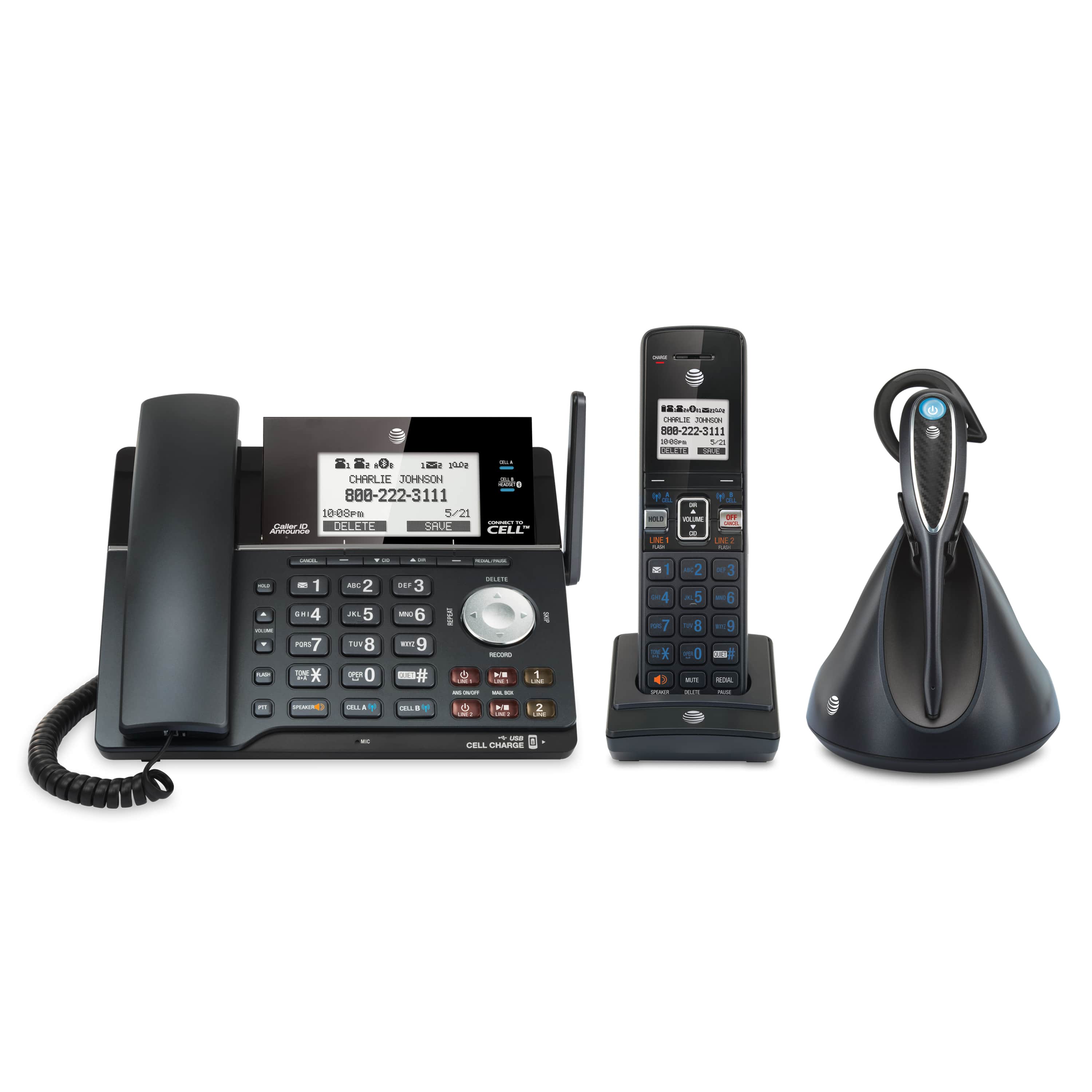 2-line Connect to Cell™ corded/cordless phone system with answering system & cordless headset - view 1