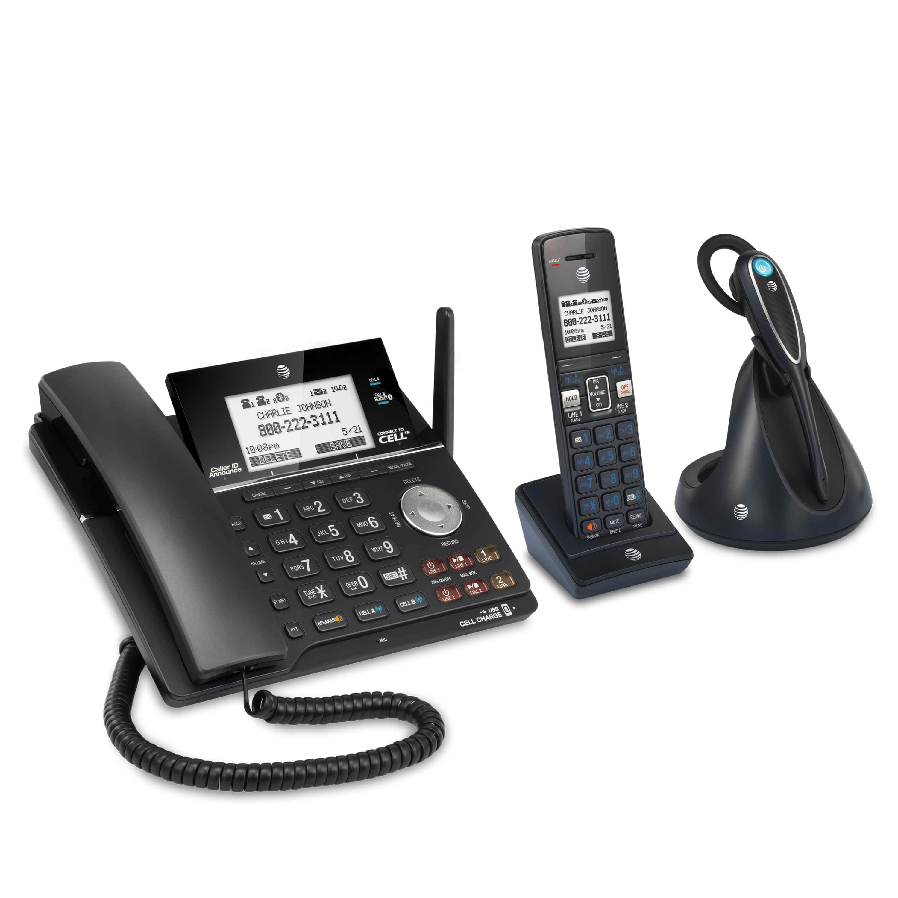 2-line Connect to Cell™ corded/cordless phone system with answering system & cordless headset - view 2