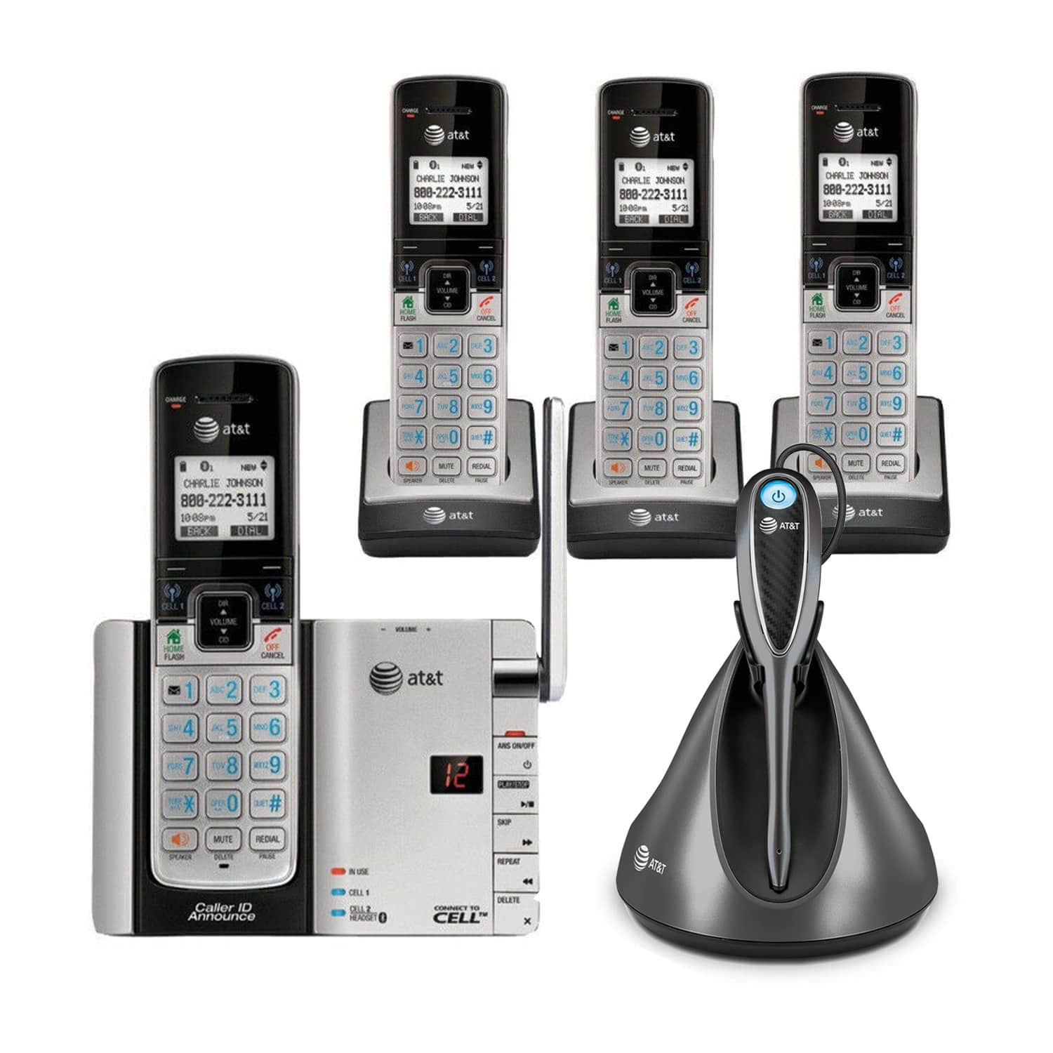 3 handset Connect to Cell™ answering system with cordless accessory headset - view 1